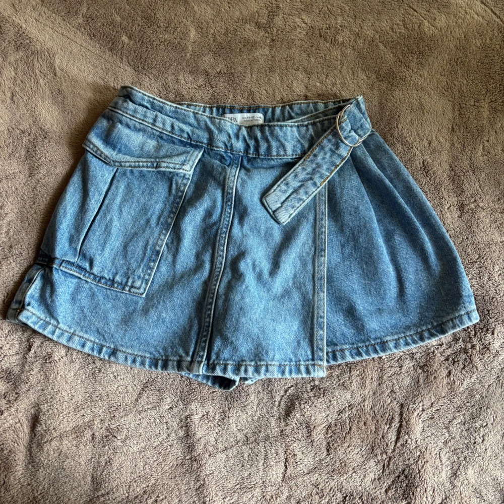 Zara Kids Girls Denim Skort Blue Medium Wash Cargo Pocket D-Ring Size 11-12